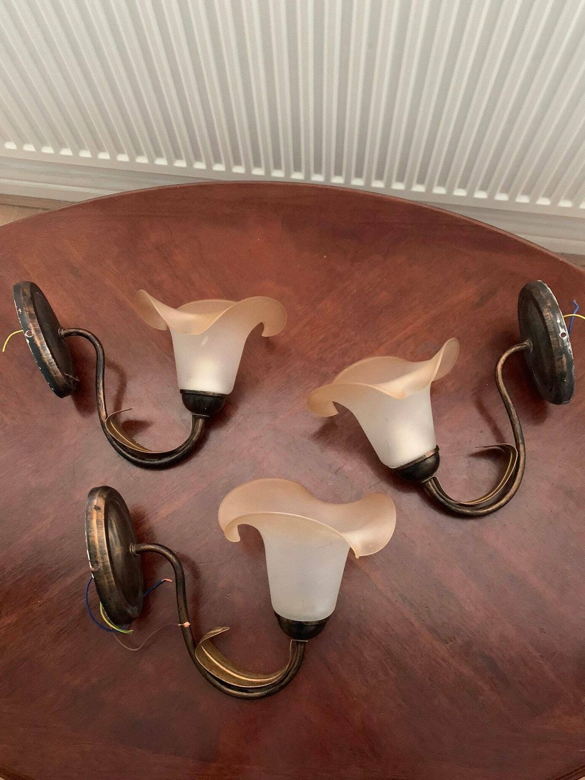 A Vintage Trio Of Art Nouveau Style Pink Edged Cream Frosted Wall Lights/Sconces With Faux Distressed Toll Leaves