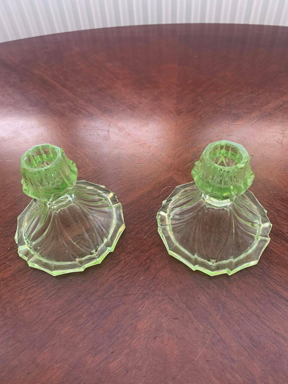 A Beautiful Pair Of Original Antique Art Nouveau Uranium Semi Frosted Vaseline Glass Candlesticks. Superb