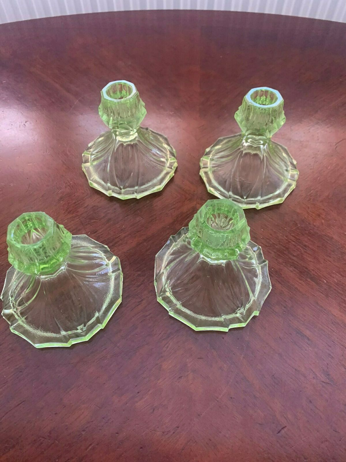 photo for sale A Beautiful Pair Of Original Antique Art Nouveau Uranium Semi Frosted Vaseline Glass Candlesticks. Superb
