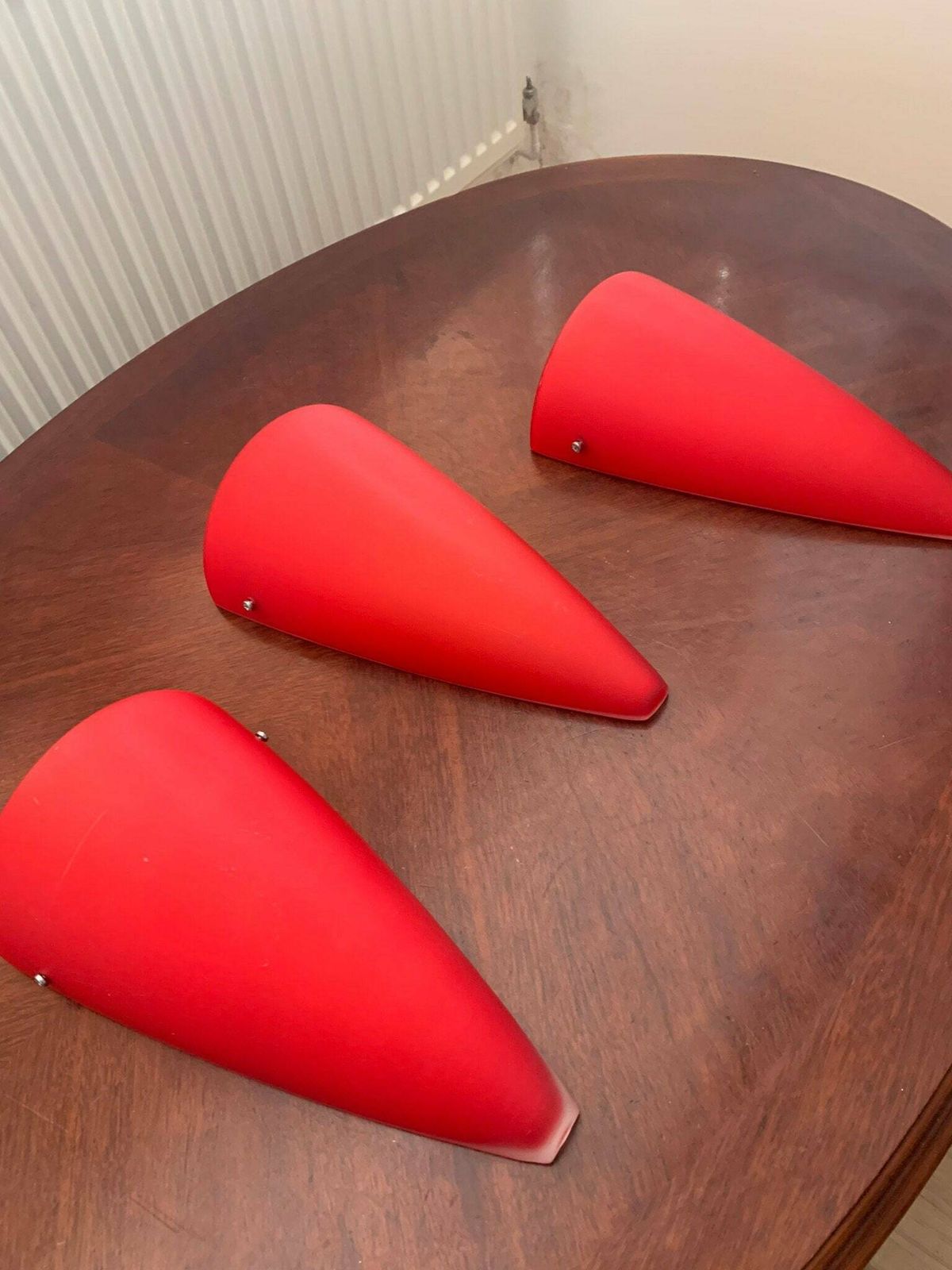 Original Vintage Trio Of Vianne Mcm Satin Glass Odeon Wall Lights/Sconces In Crimson Red photo for sale