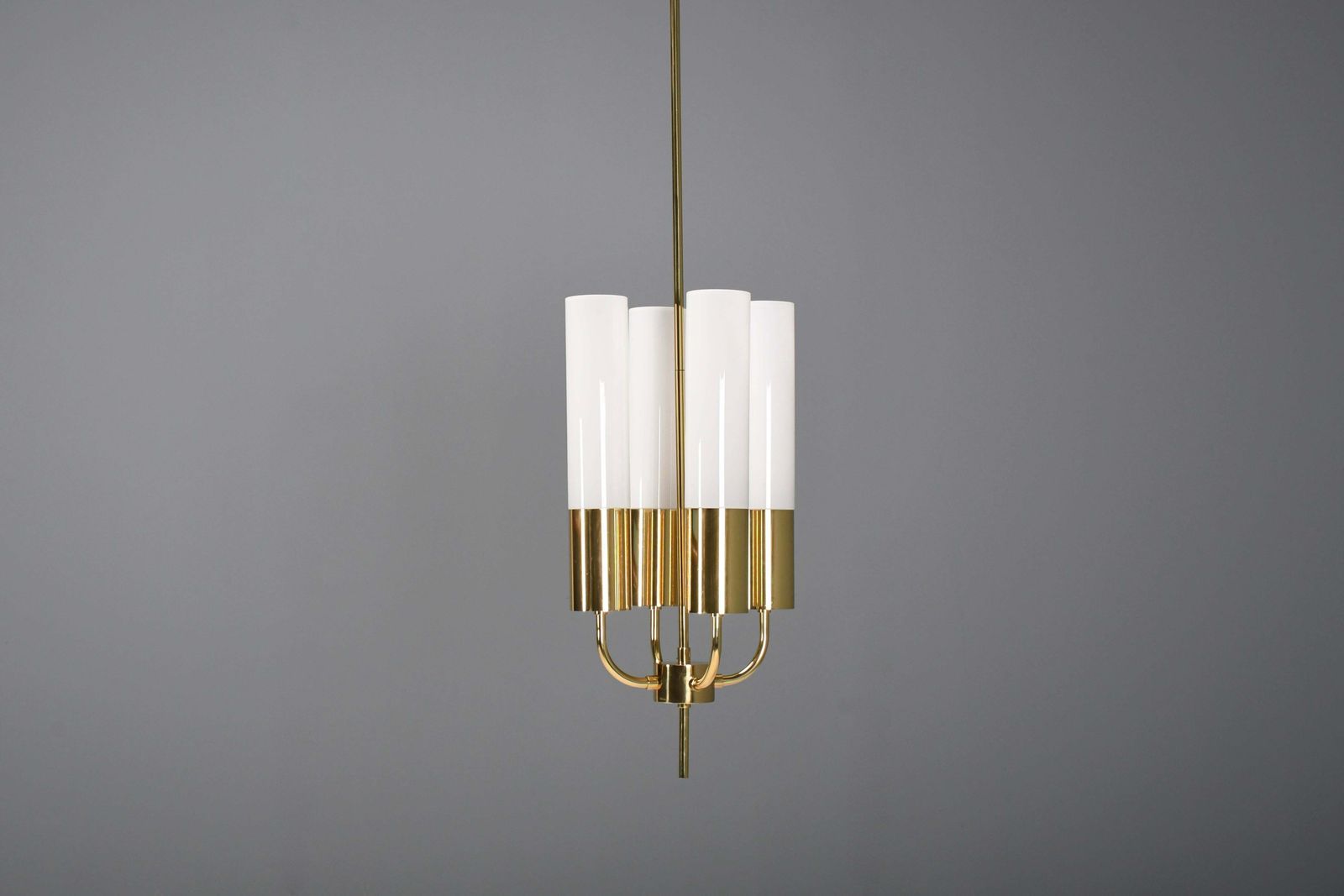 1 Of 2 Large Glashütte Limburg Brass & Opaline Chandelier, 1970s photo furniture