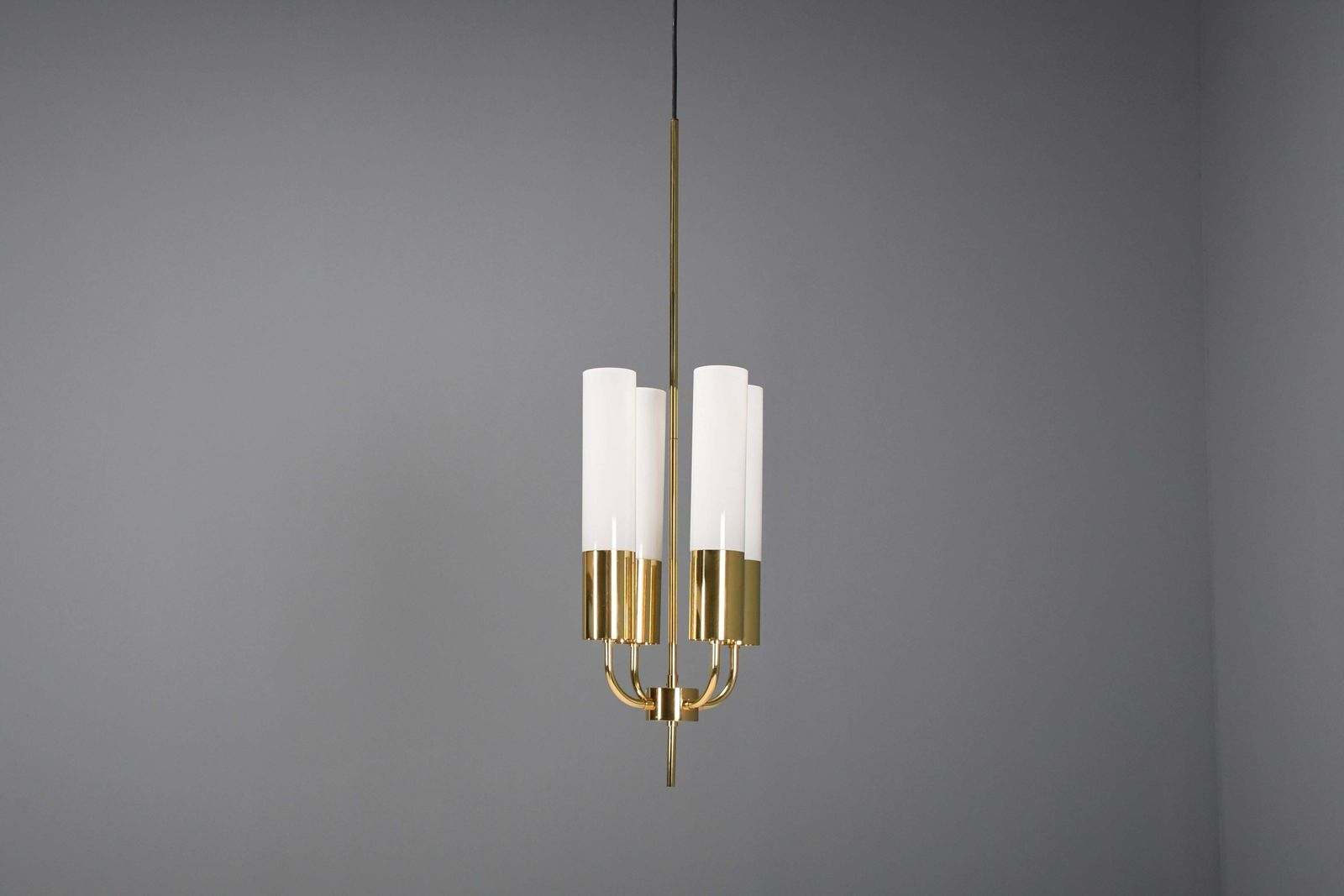 1 Of 2 Large Glashütte Limburg Brass & Opaline Chandelier, 1970s photo Lighting