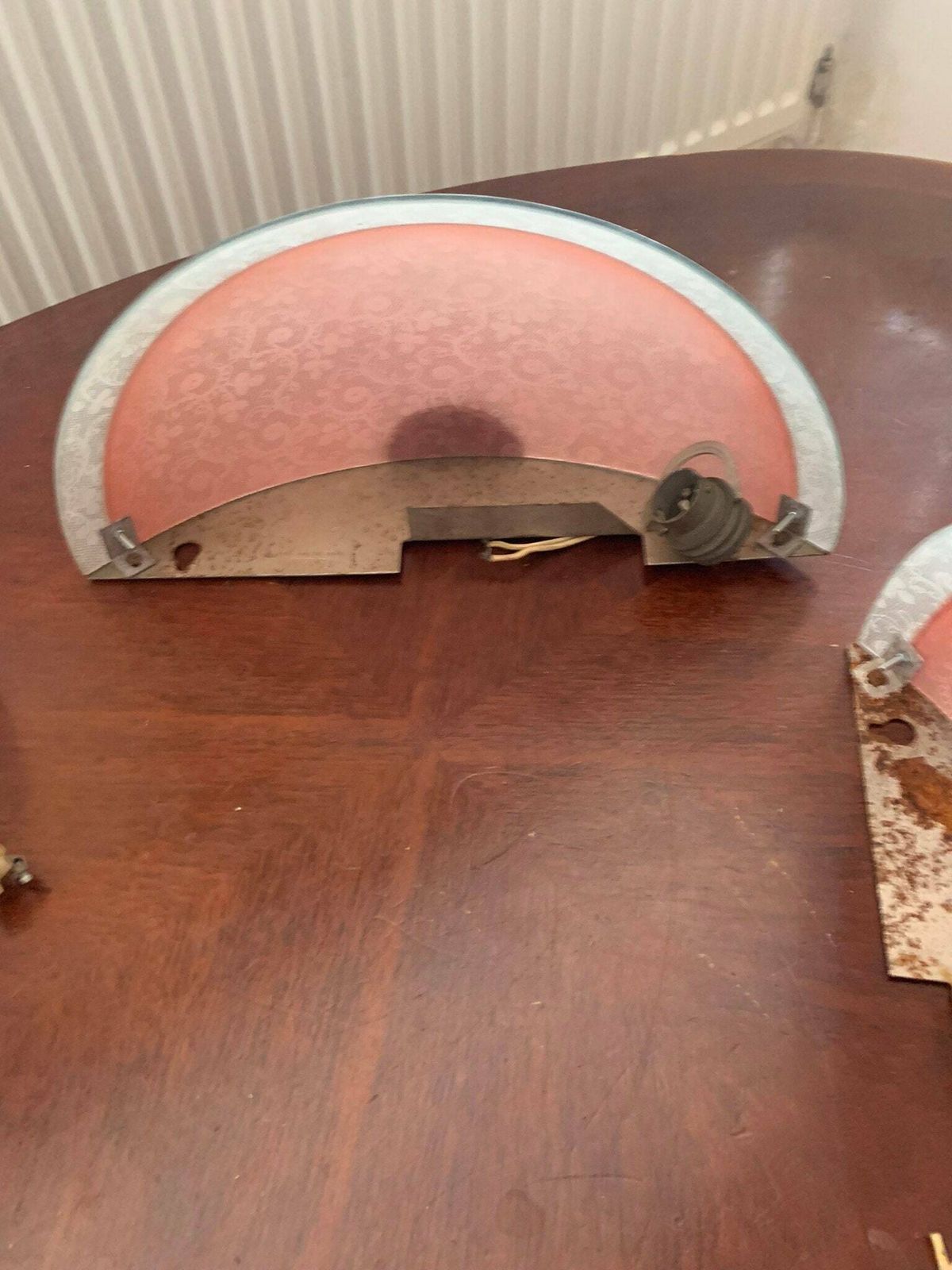 Original Vintage Trio Of Art Deco Odeon Pink & White English 50s Mcm Lace Pattern Wall Lights/Sconces photo vintage