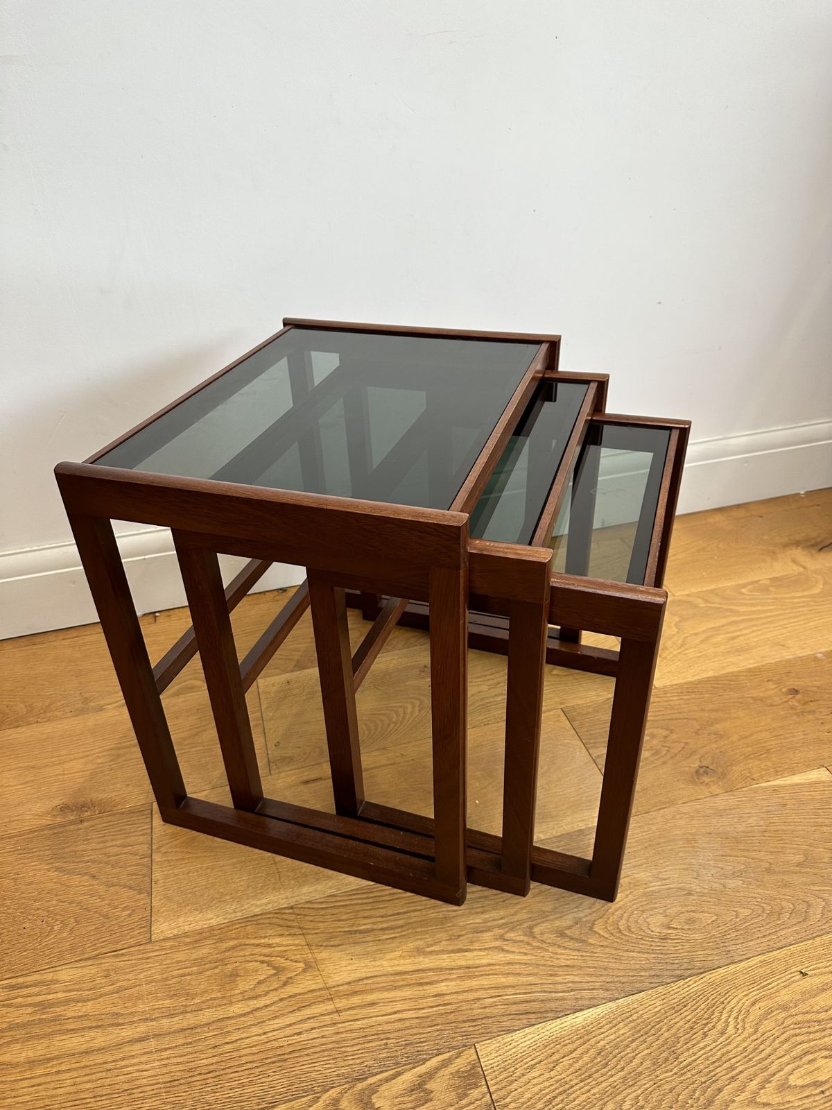 Rosewood  Danish Midcentury Smoked Glass Nest Of 3 Tables photo furniture