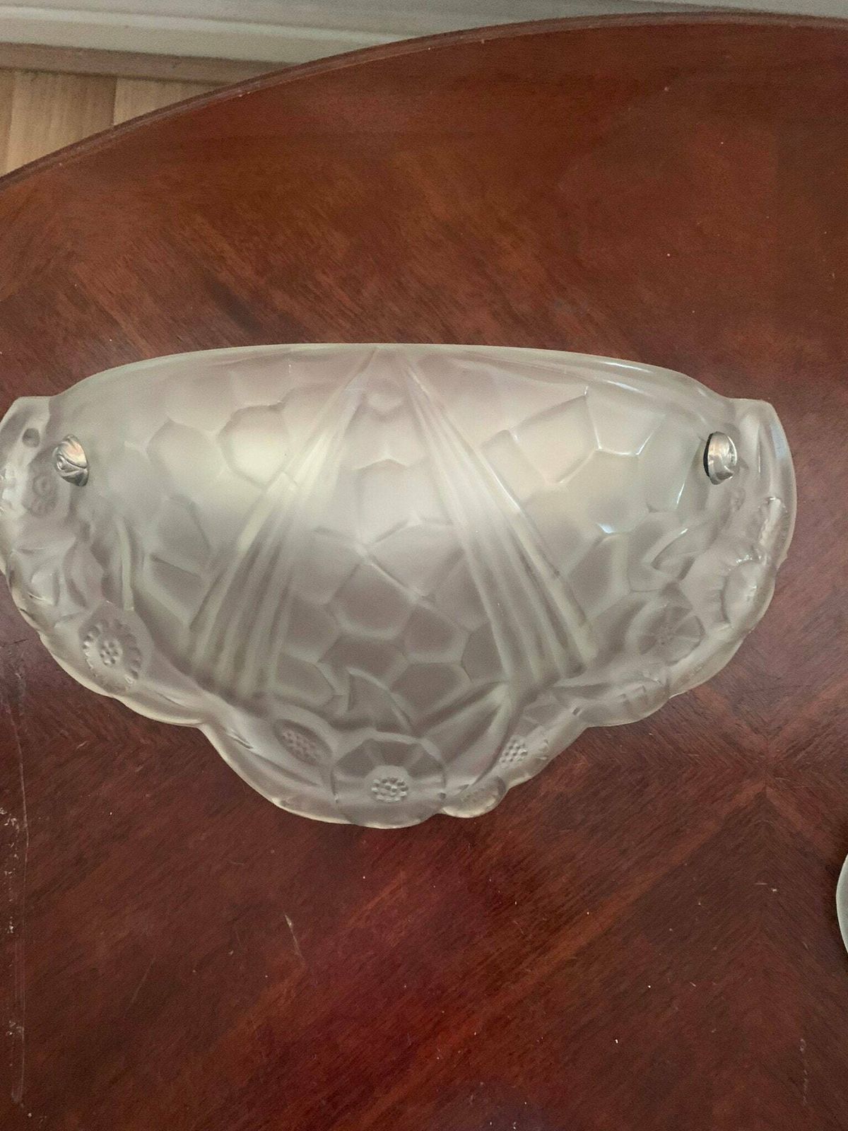 An Original Antique Pair Of French Art Deco Pressed Frosted Glass Odeon Wall Lights/Sconces By Degue photo furniture