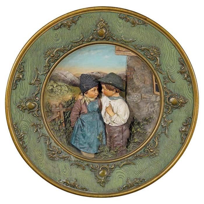 Terracotta Wall Plate With Lovely Children In Traditional Costumes By Johann Mar