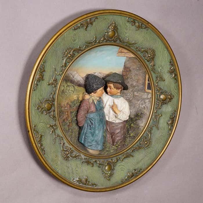 Terracotta Wall Plate With Lovely Children In Traditional Costumes By Johann Mar photo Home Decor