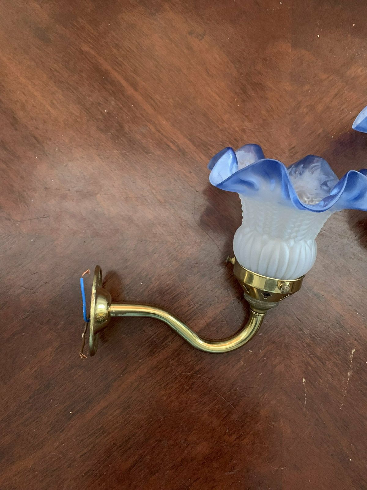 An Elegant Vintage Pair Of 80s Mcm Christopher Wray Art Nouveau Brass, Blue & White Frosted Glass Wall Lights/Sconces photo furniture
