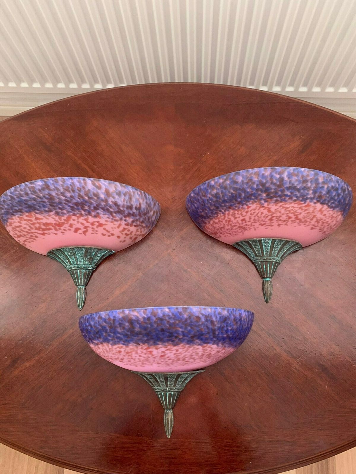 Original Trio Of Retro Vintage Signed ‘Vianne Pour Arta’ Art Deco Style Odeon Pink & Purple Wall Sconces/Lights