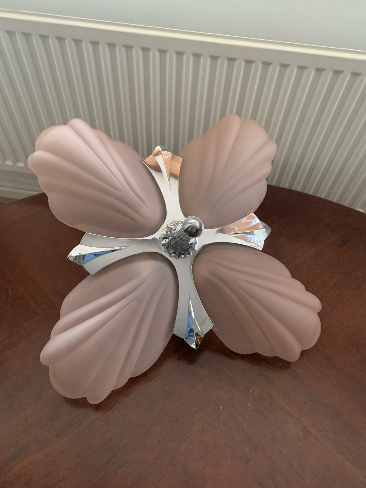 Original Vintage Art Deco Style 60s Baby Pink & Chrome Scallop/Clam Shell Four Section Ceiling Light/Chandelier