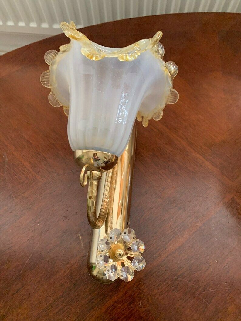 Exquisite Original Vintage Pair Of Gold Plated Odeon Wall Lights With Hand Blown Murano Shades & Swarovski Crystal Flowers photo for sale