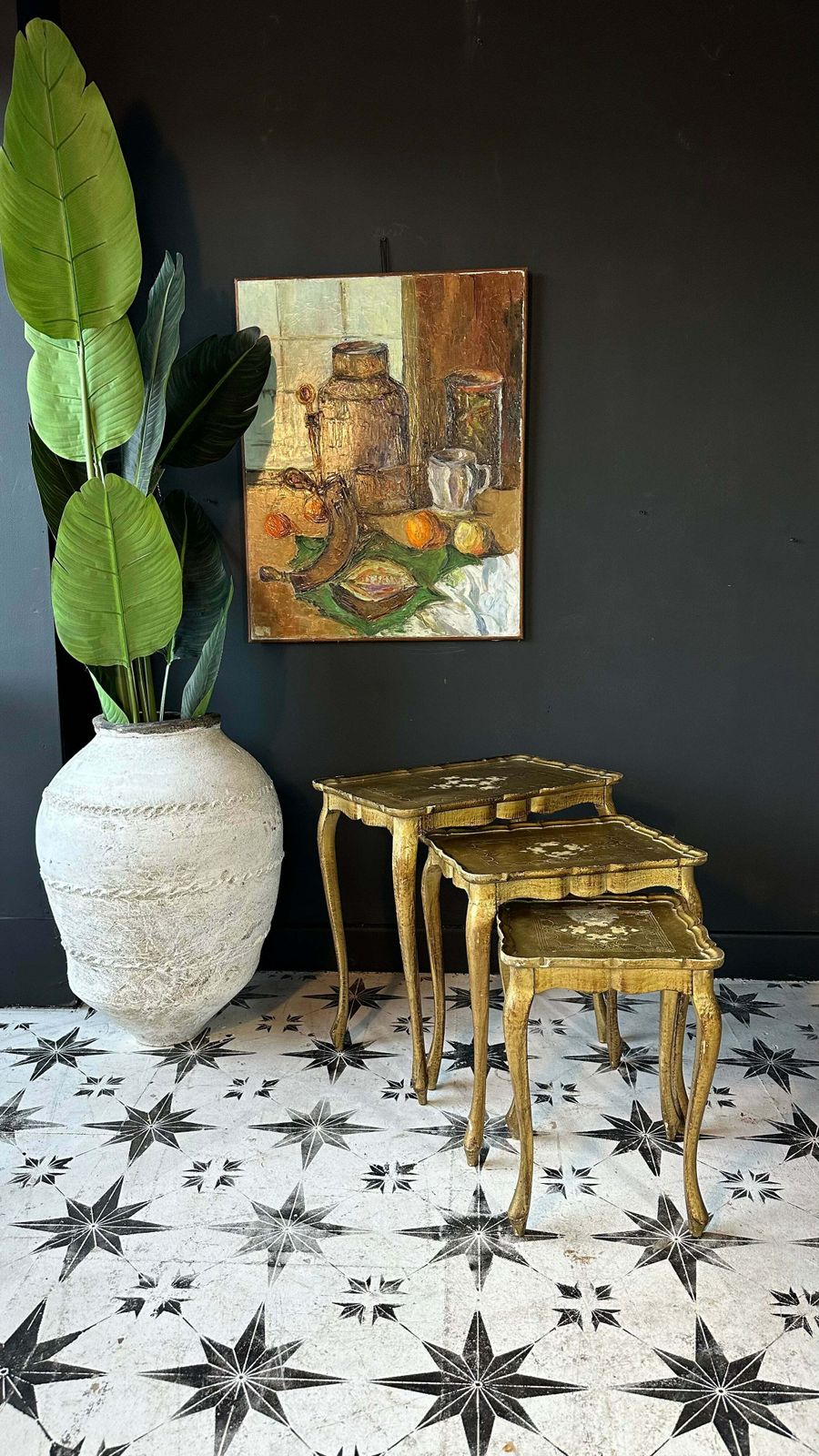 Italian Neoclassical 1950’s Original Giltwood Tables Nest Set. Rare Unrestored Condition photo Furniture