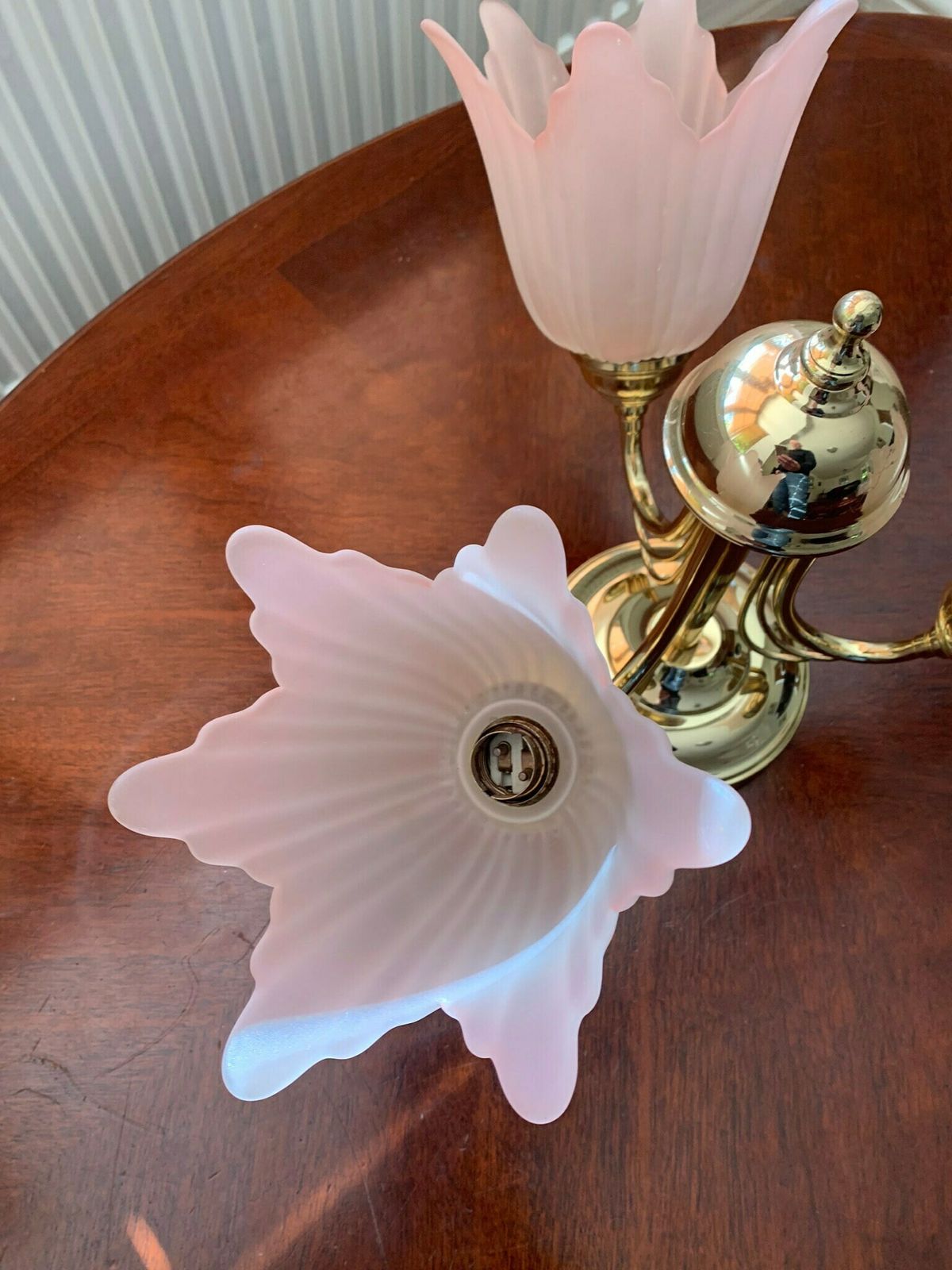 Original Matching Pair Of Retro 80s Pink Glass Flowers Chandelier photo vinterior