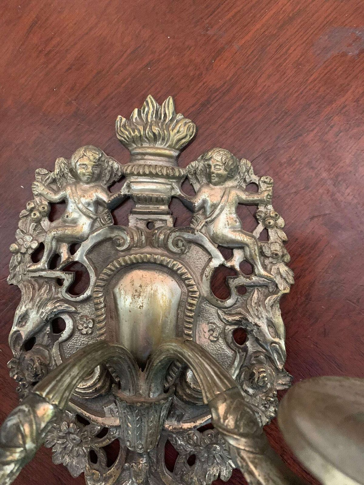 Original Pair Of Antique Rococo Gothic Solid Brass Double Candle Wall Sconces Adorned With Cherubs photo Home Decor