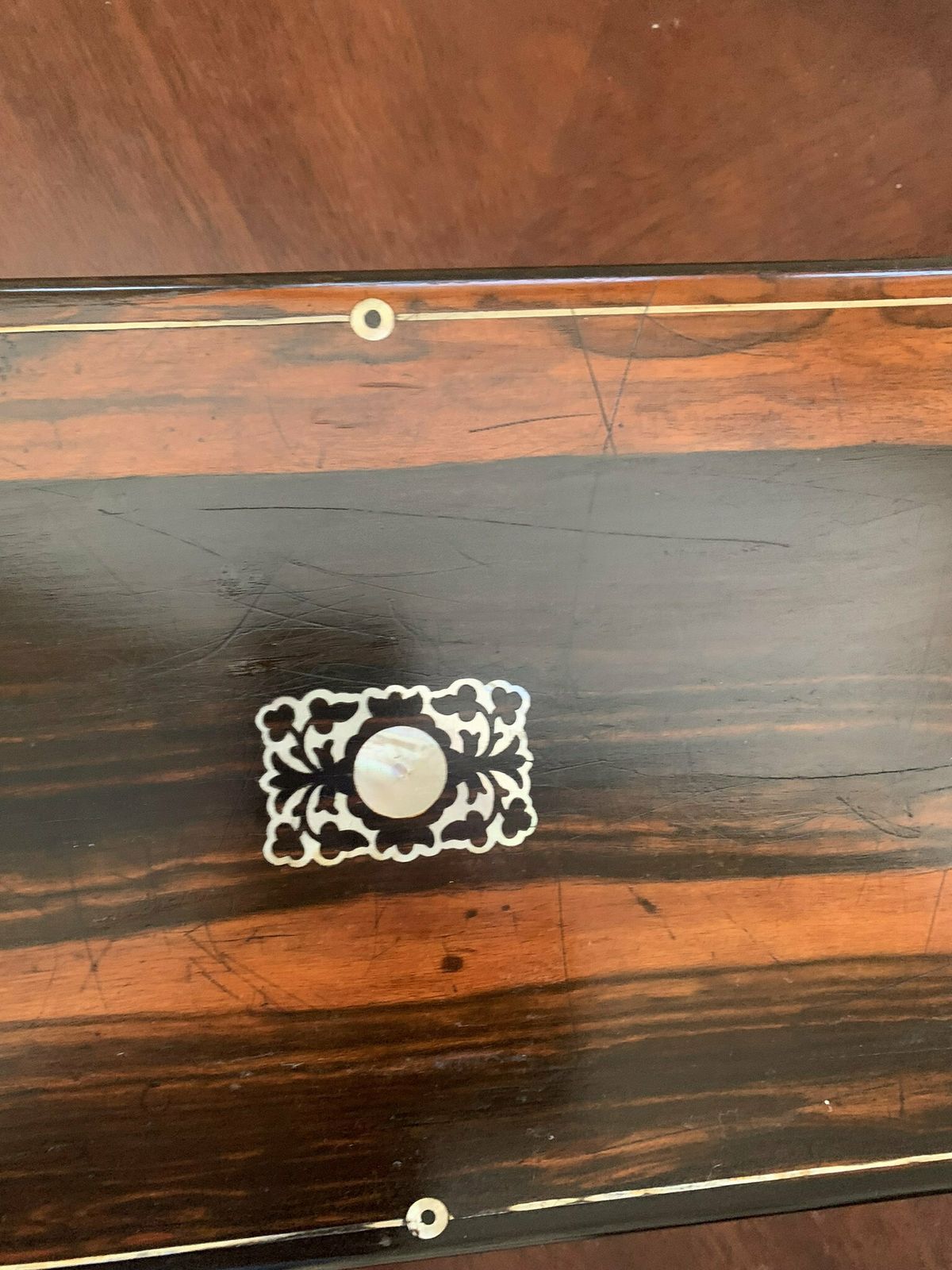 photo for sale Substantial Original Antique English Victorian Coromandel & Mother Of Pearl Writing Slope/Desk/Box