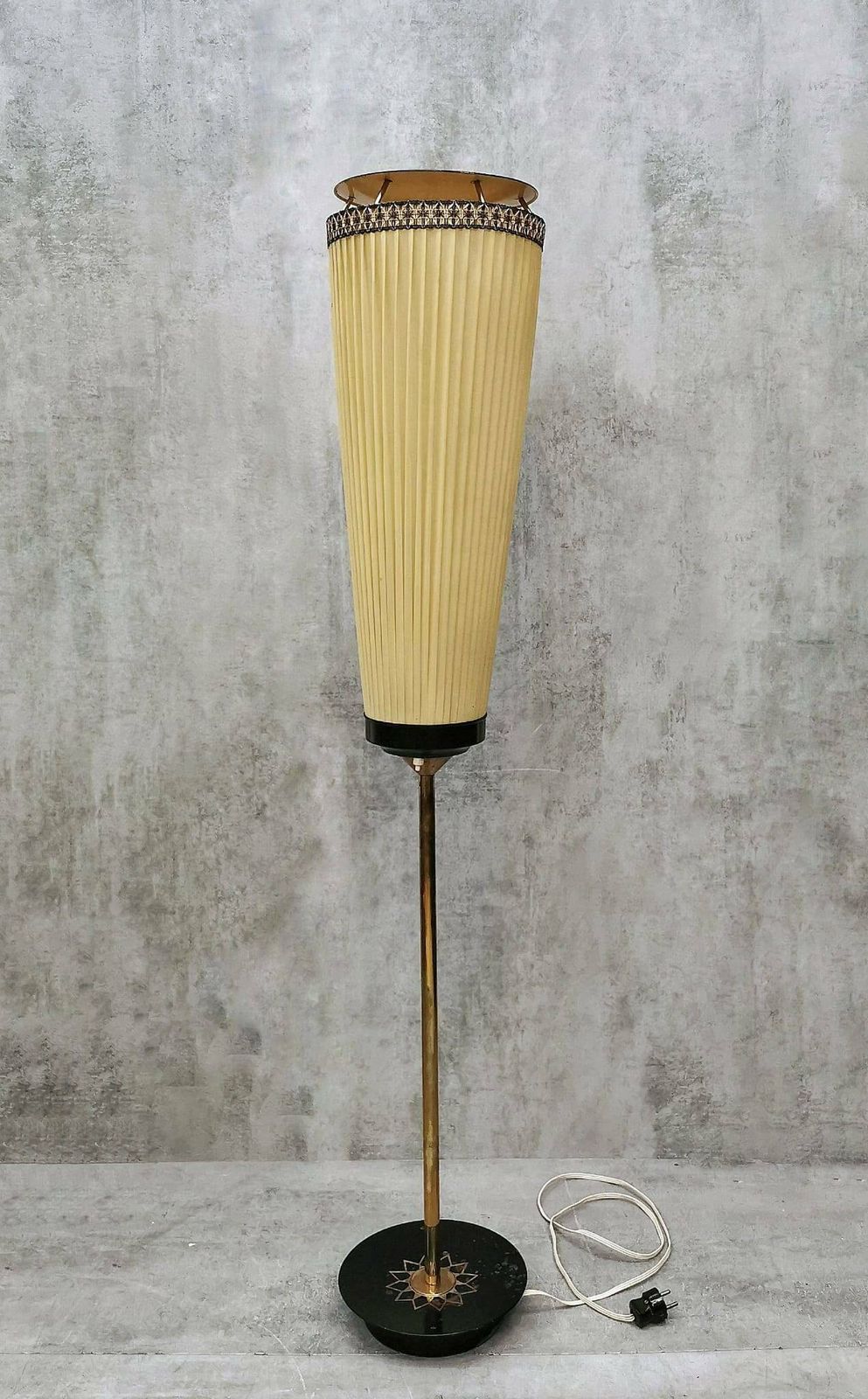 Mid Century Modern Brass And Illustrated Fabric Floor Lamp, 1950s, Germany photo furniture
