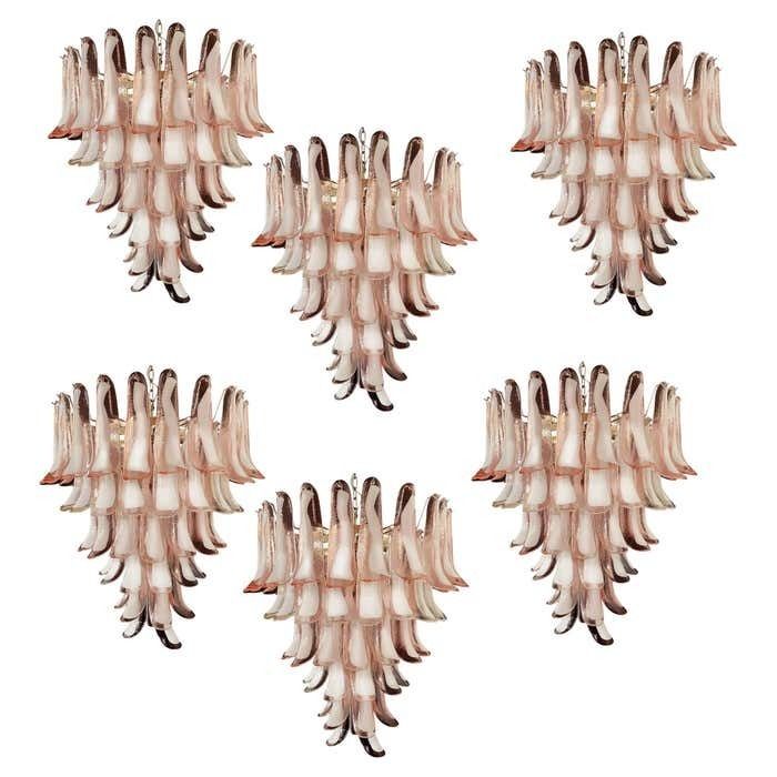 Fabulous Set Of Six Of Italian 75 Pink And White Petal Chandeliers, Murano