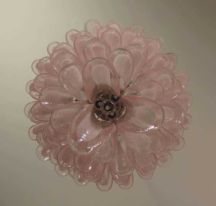 Fabulous Set Of Six Of Italian 75 Pink And White Petal Chandeliers, Murano photo for sale