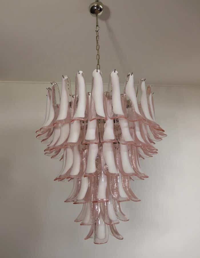 photo for sale Fabulous Set Of Six Of Italian 75 Pink And White Petal Chandeliers, Murano
