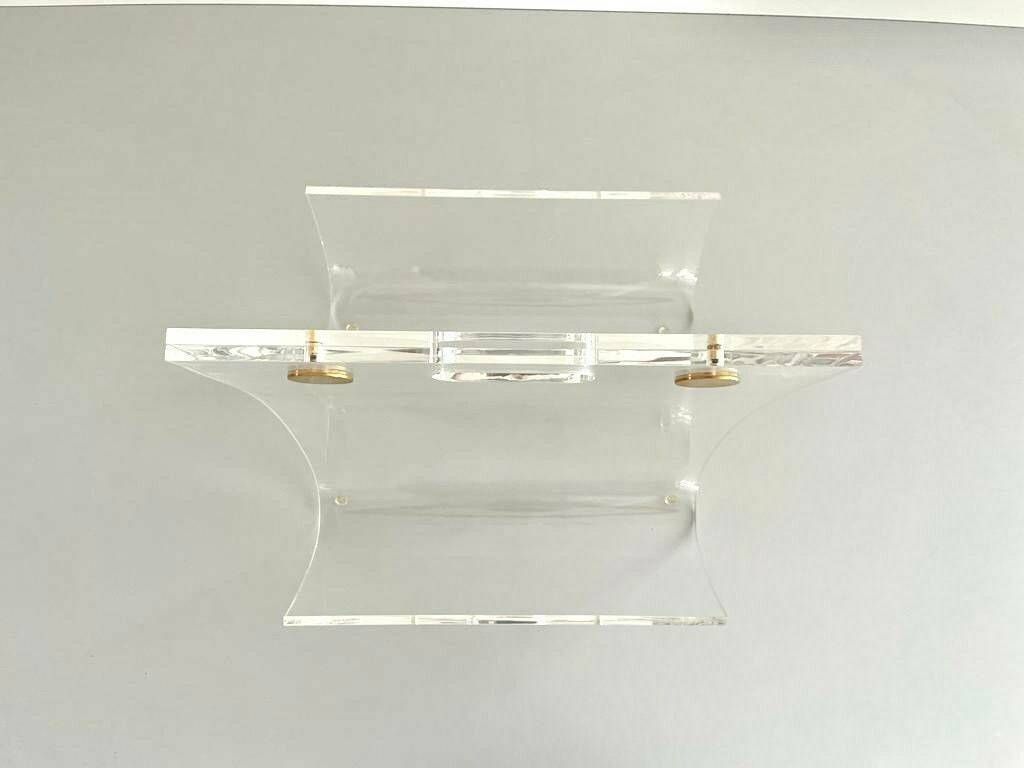 Elegant Heavy Thick Lucite Plexiglass Magazine Rack With Gold Details, 1970s photo vinterior
