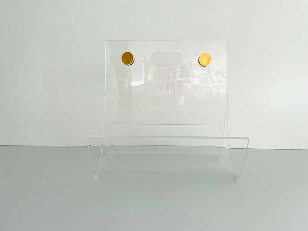 Elegant Heavy Thick Lucite Plexiglass Magazine Rack With Gold Details, 1970s photo buy