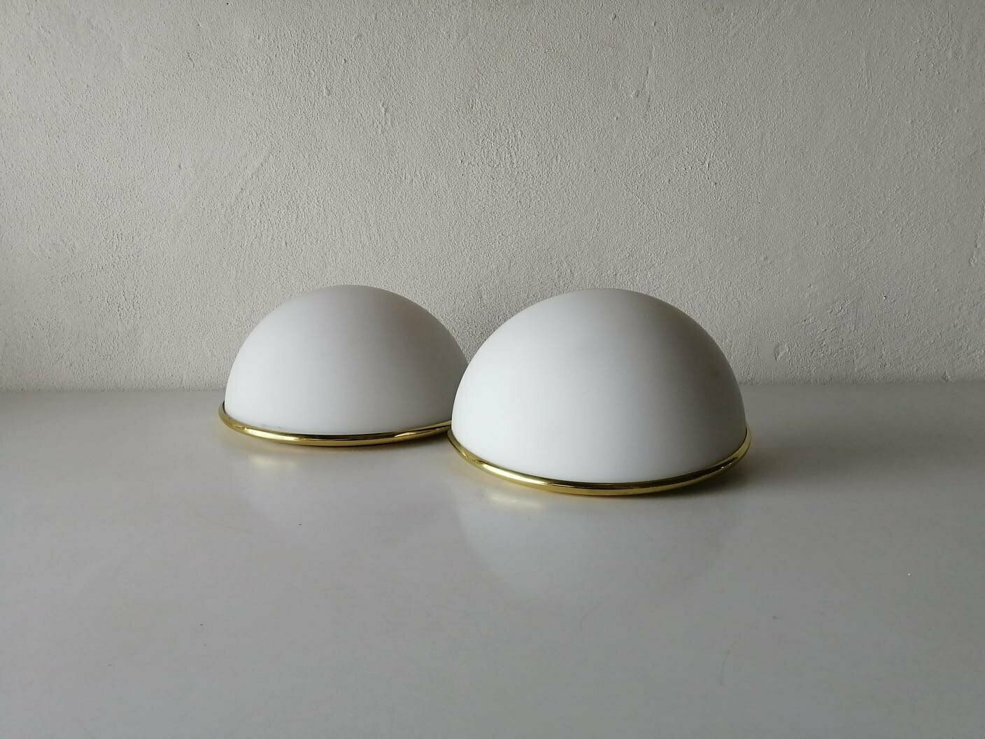 Limburg Half Moon Opal Glass & Gold Metal Frame Pair Of Sconces, 1980s Germany photo furniture