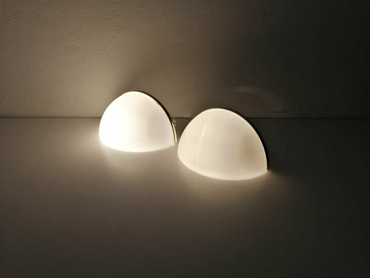 Limburg Half Moon Opal Glass & Gold Metal Frame Pair Of Sconces, 1980s Germany photo for sale