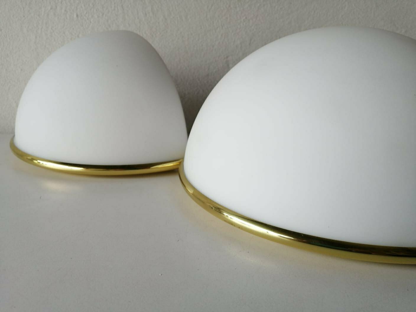 Limburg Half Moon Opal Glass & Gold Metal Frame Pair Of Sconces, 1980s Germany photo Lighting