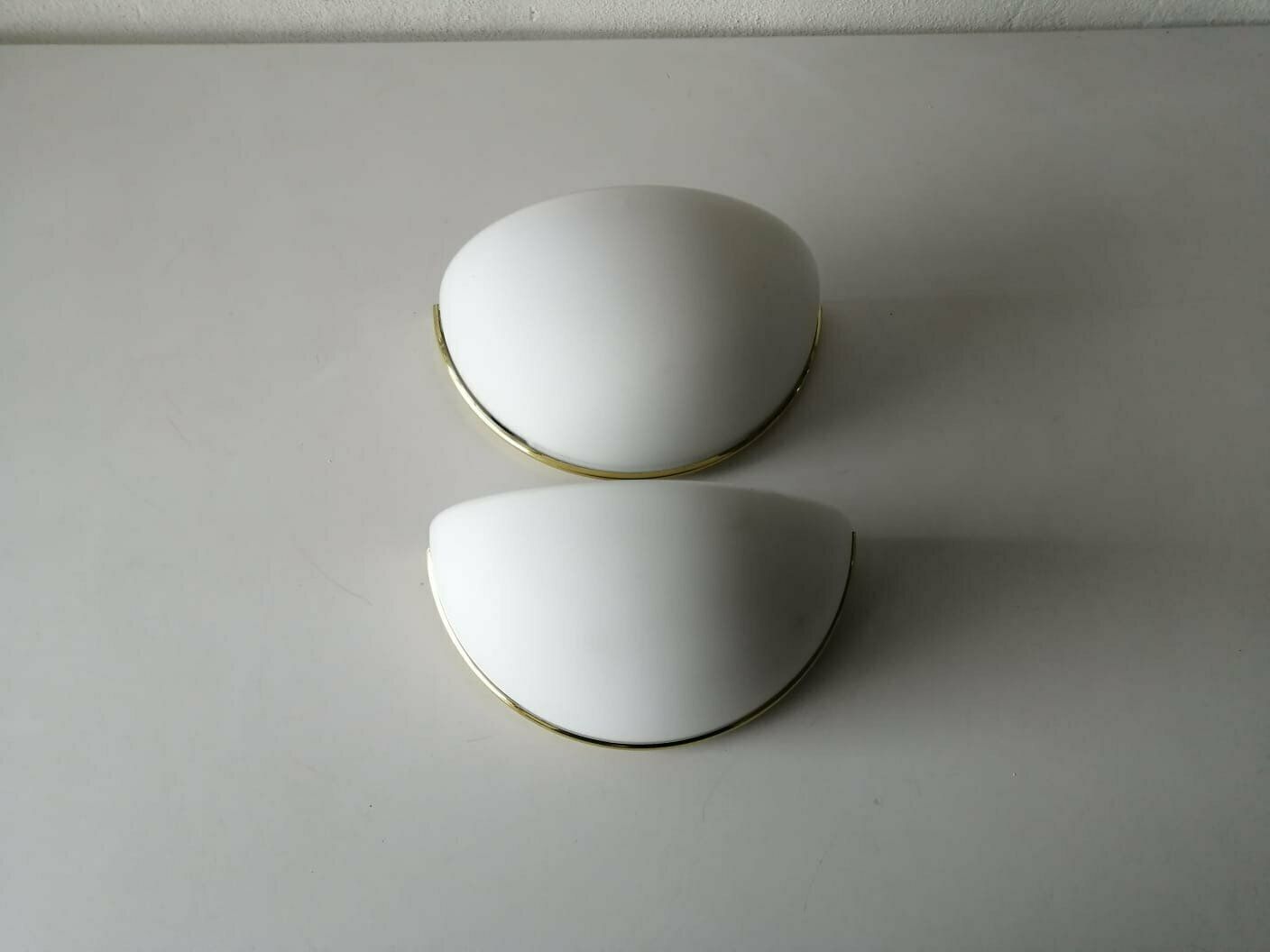 Limburg Half Moon Opal Glass & Gold Metal Frame Pair Of Sconces, 1980s Germany photo vintage