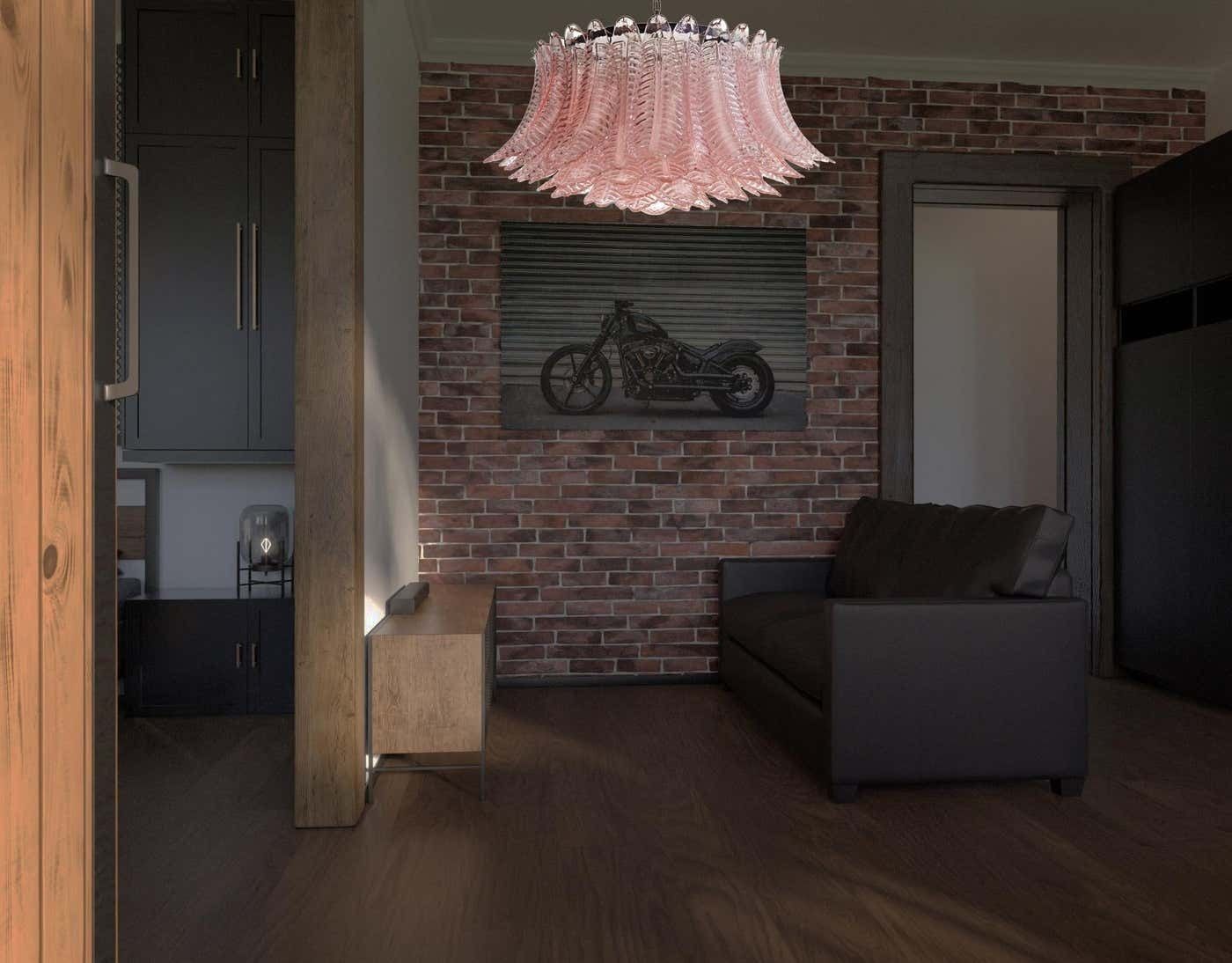Pair Italian Pink Glass Ceiling Light Chandeliers, Murano, 1990 photo vinterior