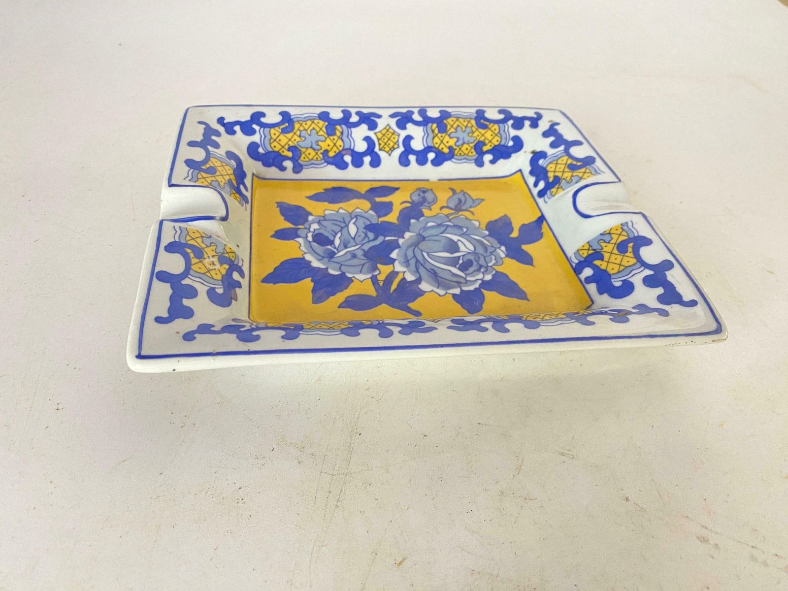 Ceramic Blue And Yellow Ashtray Or Vide Poche Circa 1960 Italy photo vinterior