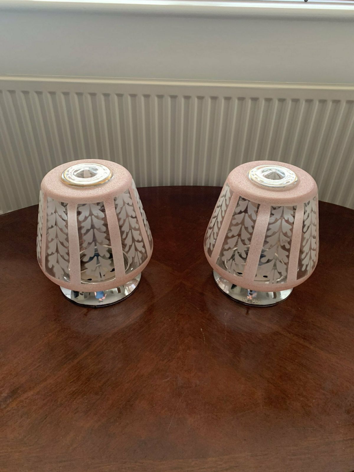 Pair Of Original Art Deco Flush Mount Pendant Ceiling Lights In Pink & White C/W Original Chrome Galleries.