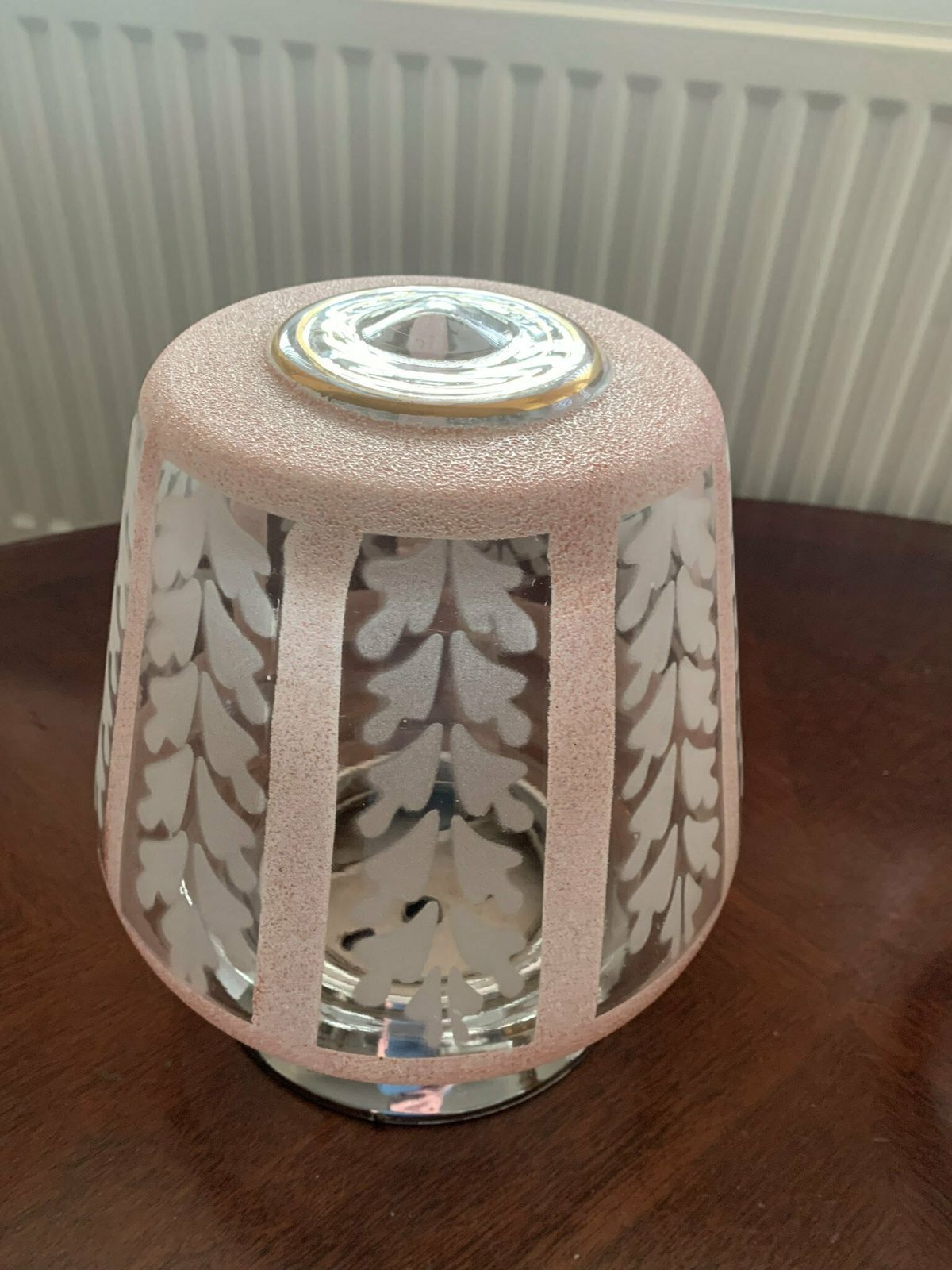 Pair Of Original Art Deco Flush Mount Pendant Ceiling Lights In Pink & White C/W Original Chrome Galleries. photo Lighting