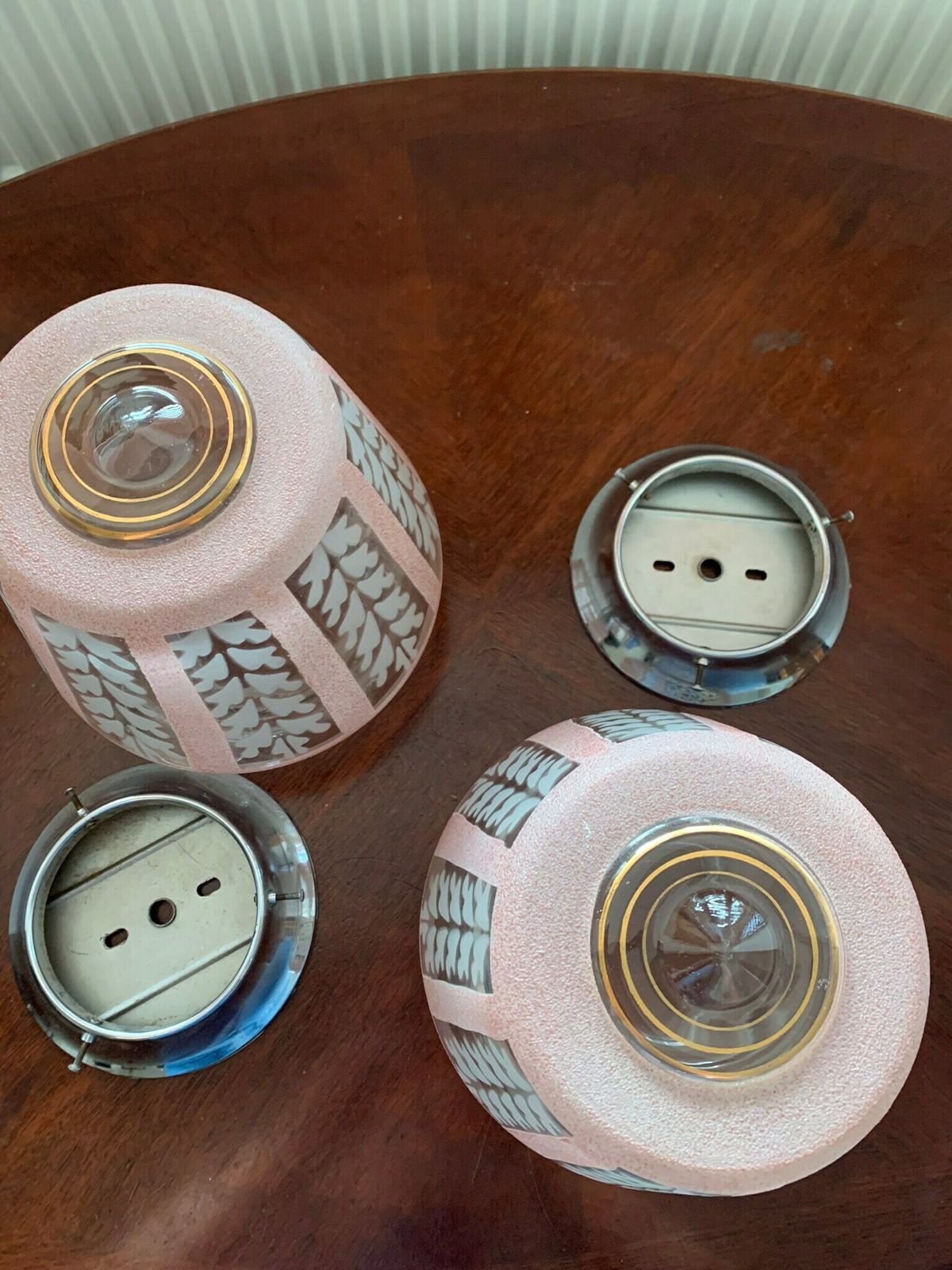 photo furniture Pair Of Original Art Deco Flush Mount Pendant Ceiling Lights In Pink & White C/W Original Chrome Galleries.