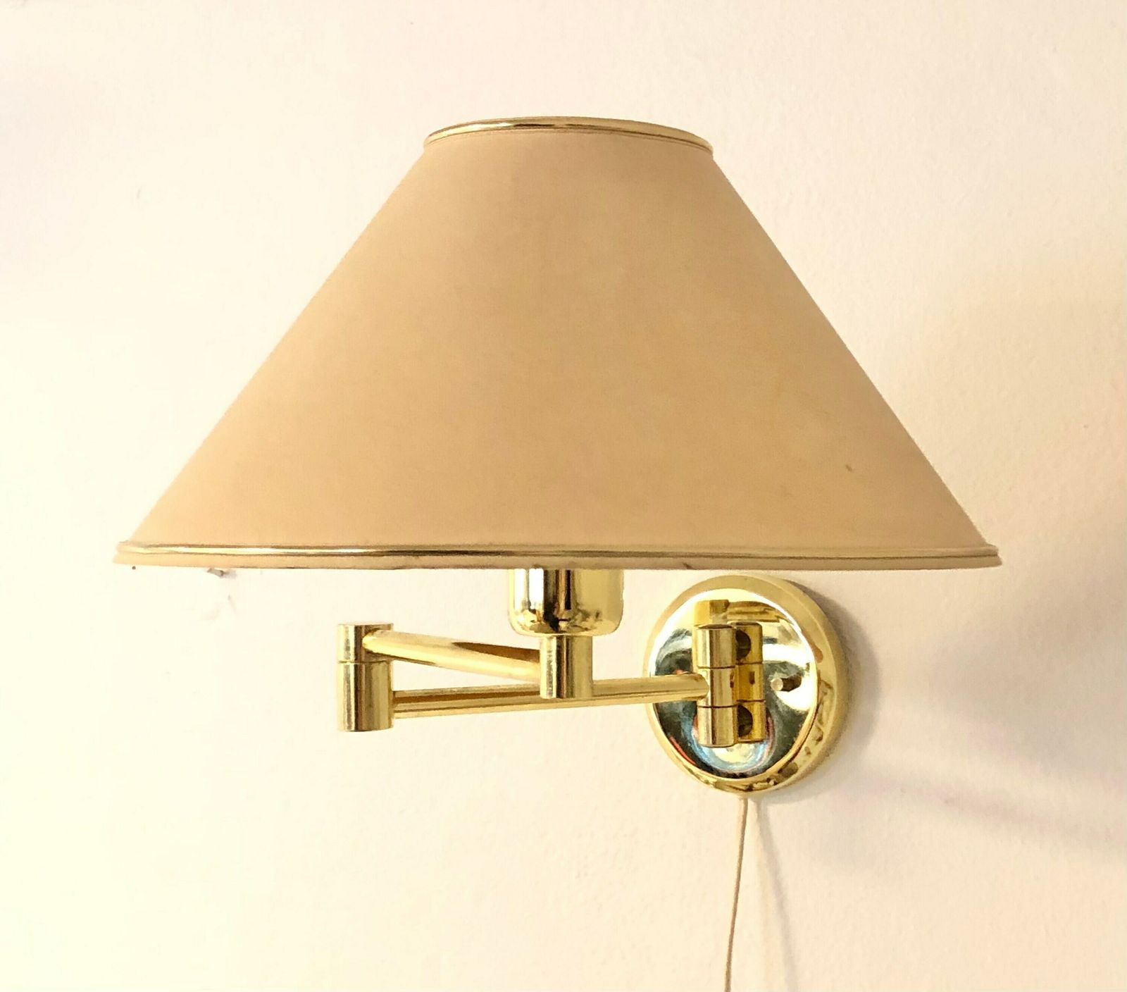 Mid Century Danish Swing Arm Design Wall Lamp In Brass With Original Vintage Beige Fabric Shade With Gold Details photo 208.0