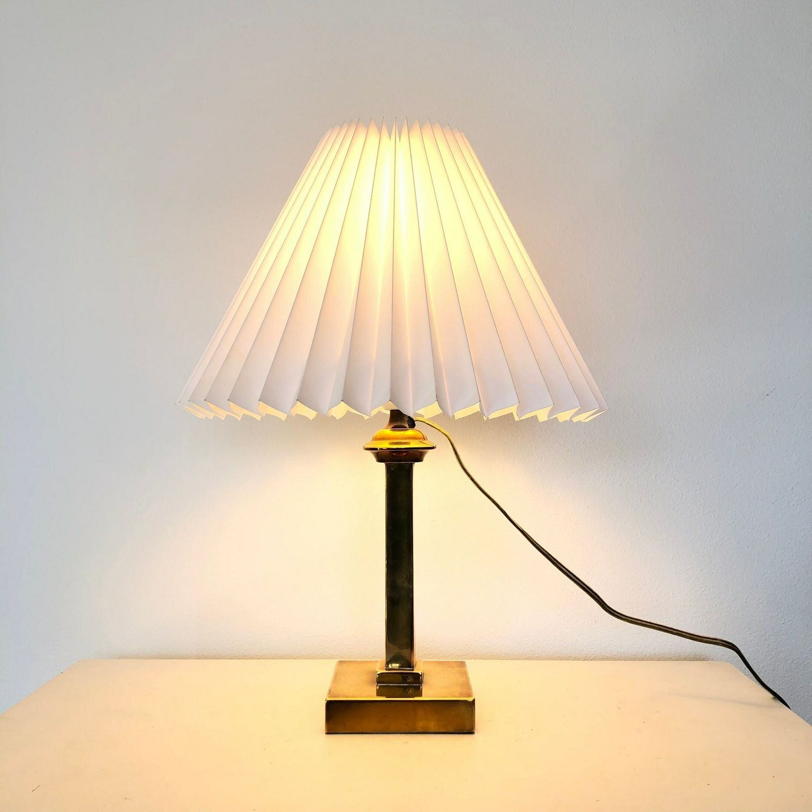 Danish Elegant Vintage Art Deco Table Lamp With Brass Base And White Pleated Shade