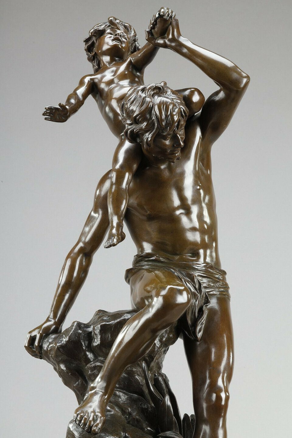 photo buy Brown Patina Bronze Of A Man Carrying A Child On His Back, By Gaston Leroux (1854 1942)
