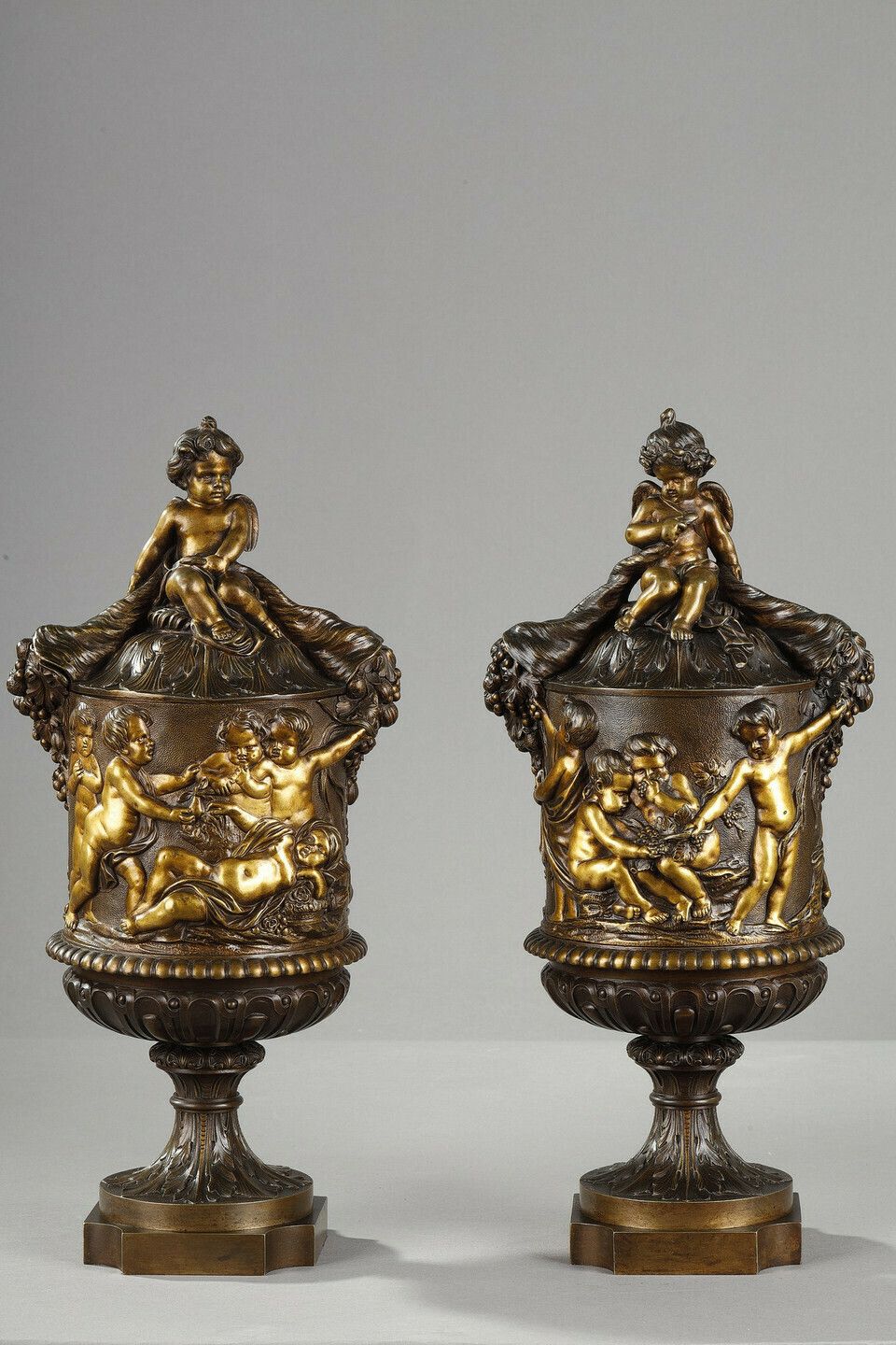 Pair Of Covered Vases, In Finely Chased Bronze With A Rich Rotating Decoration