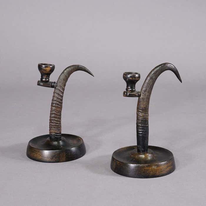 A Pair Lovely Antique Candle Holders With Chamois Horns photo for sale