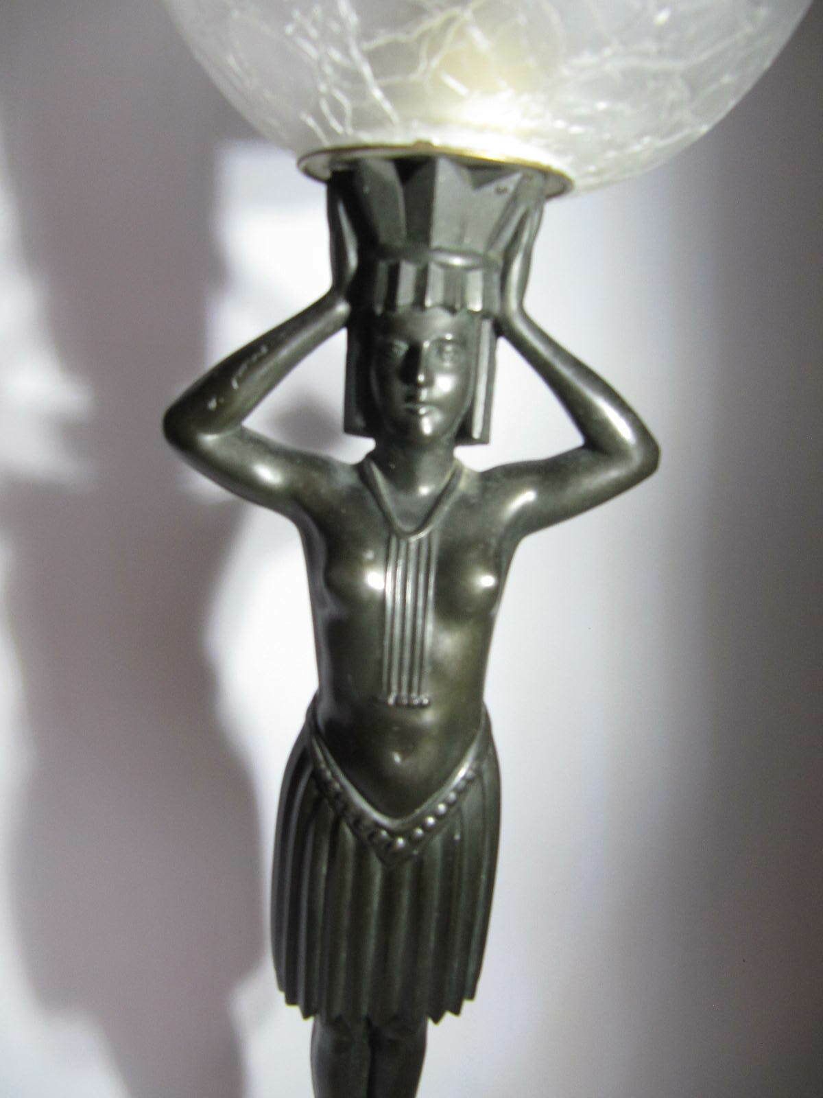 Art Deco Lamp From The Seymour Stein Collection. Lady Figurine On Marble With Crackle Glass Globe photo buy