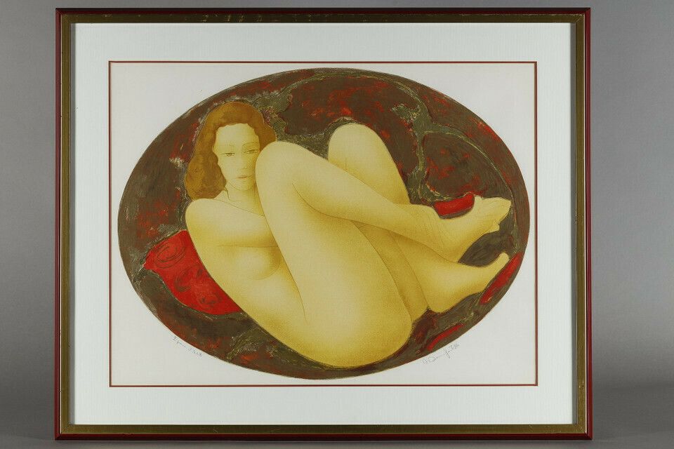 Alain Bonnefoit, "Femme Nue Allongée Sur Un Lit" (Nude Woman Lying On A Bed) photo Art