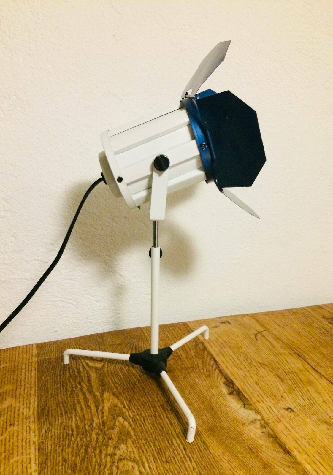 Vintage Danish Postmodern Fotoshoot Spotlight Table Lamp In Blue And White Metal   Design By Frimann photo furniture