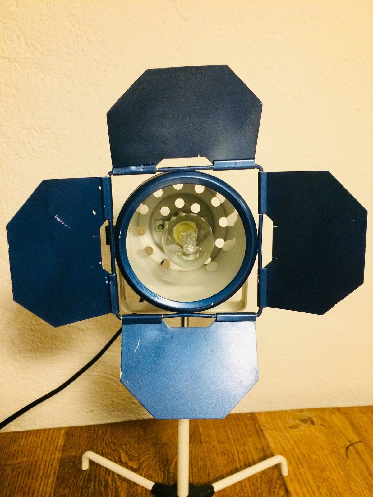 132.0 Vintage Danish Postmodern Fotoshoot Spotlight Table Lamp In Blue And White Metal   Design By Frimann photo