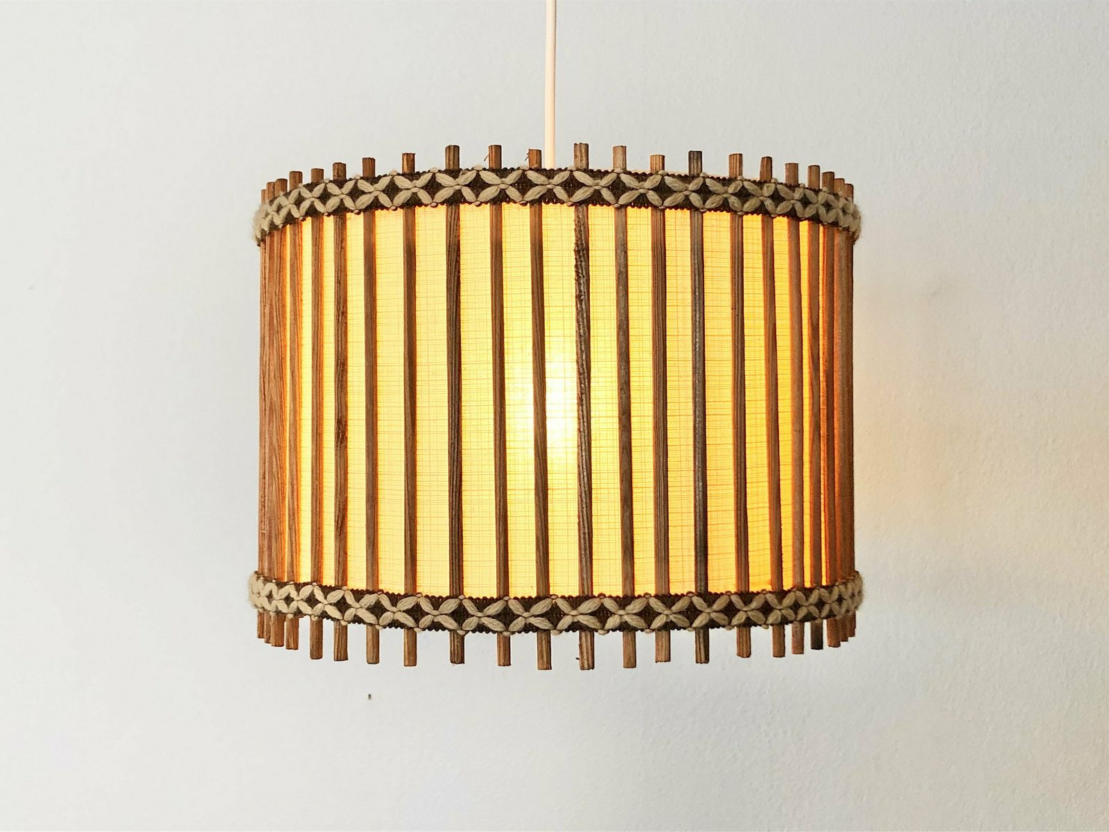 Danish Vintage Mid Century Ceiling Lamp With Beige Fabric Shade And Gorgeous Wood And Embroidery Details photo furniture