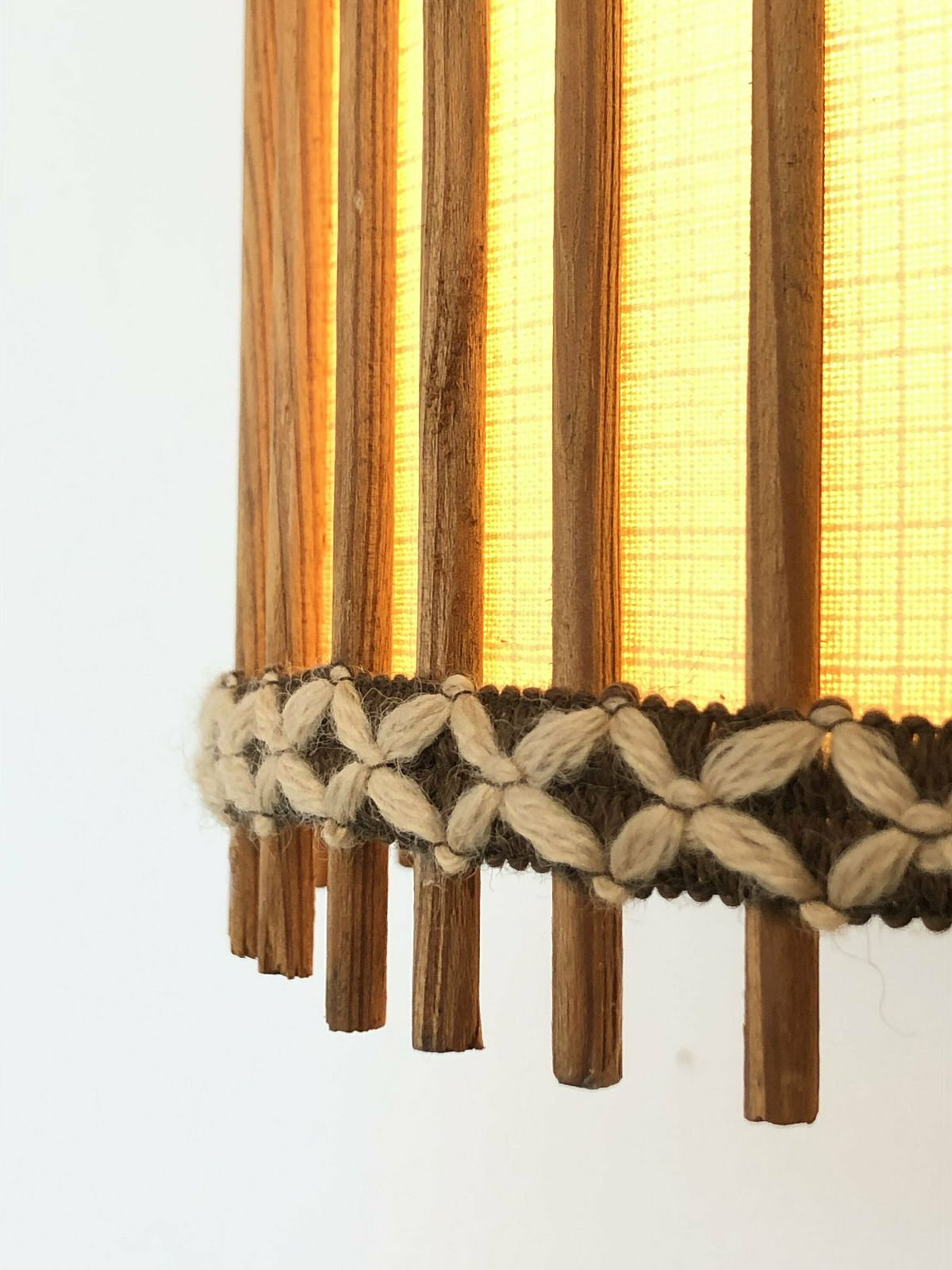 Danish Vintage Mid Century Ceiling Lamp With Beige Fabric Shade And Gorgeous Wood And Embroidery Details photo vinterior