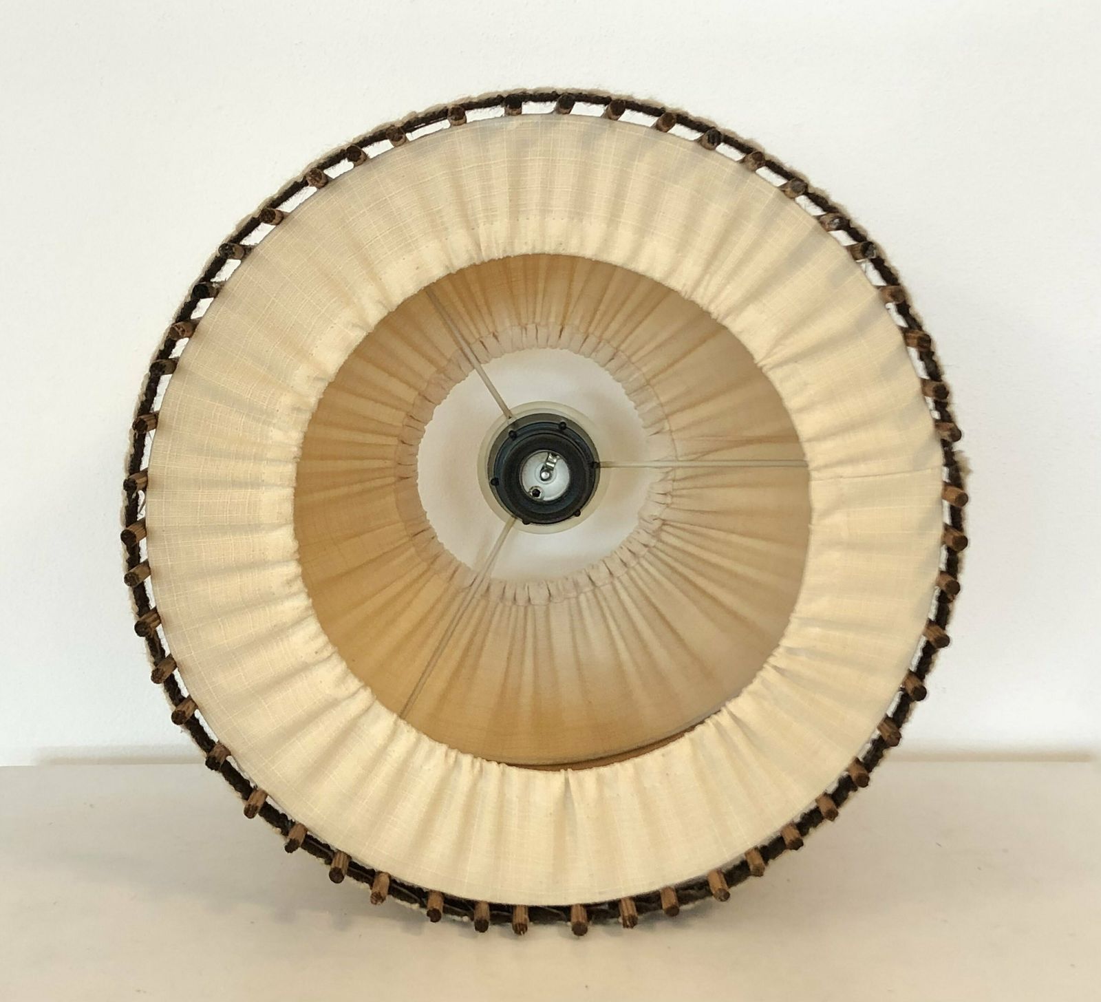 Danish Vintage Mid Century Ceiling Lamp With Beige Fabric Shade And Gorgeous Wood And Embroidery Details photo buy