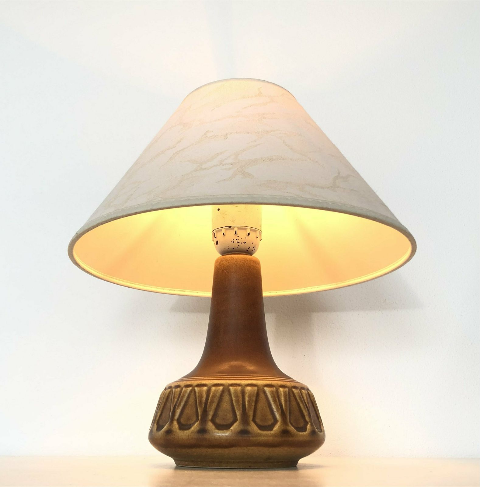 Beautiful Danish Stoneware Mid Century Table Lamp In Brown Glaze With Pattern And A Pleated Vintage Fabric Shade photo furniture