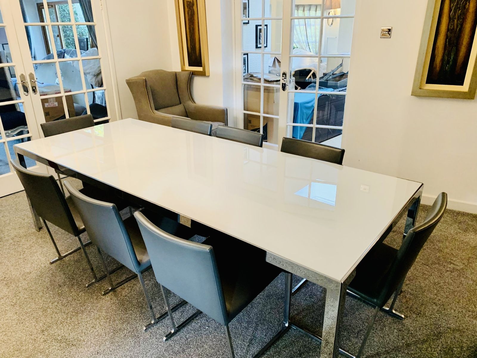 B&B Italia ‘Progetto’ Dining Table With 8 Grey Leather B&B Italia Chairs photo for sale