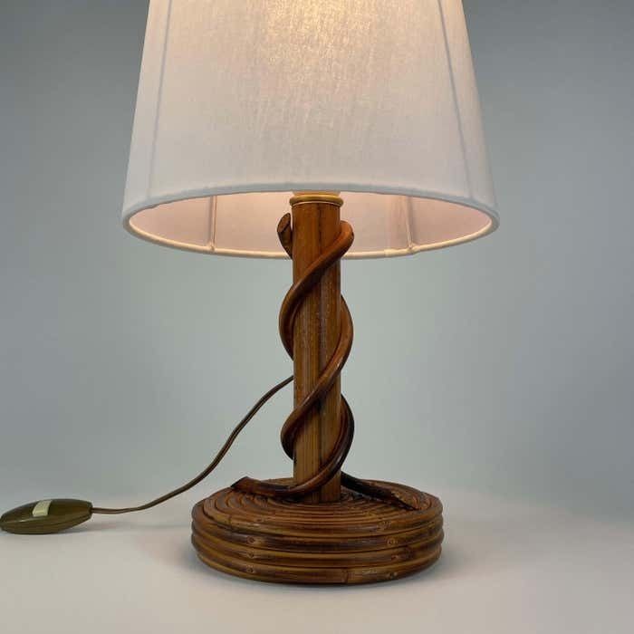 Louis Sognot Rattan Bamboo Fabric Table Lamp, France 1950s photo 801.0