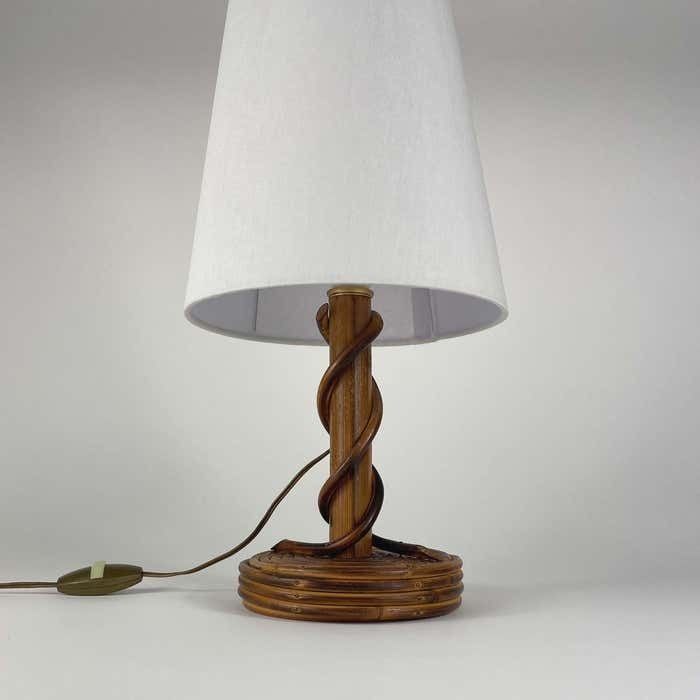 Louis Sognot Rattan Bamboo Fabric Table Lamp, France 1950s photo vinterior